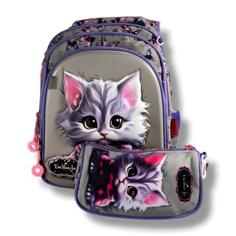 Каркасний шкільний рюкзак дівчачий з принтом котика, сірий, місткий, легкий, з пеналом