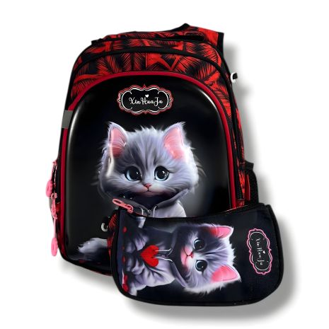 Школьный рюкзак с принтом котика и пеналом, черный, 22 л