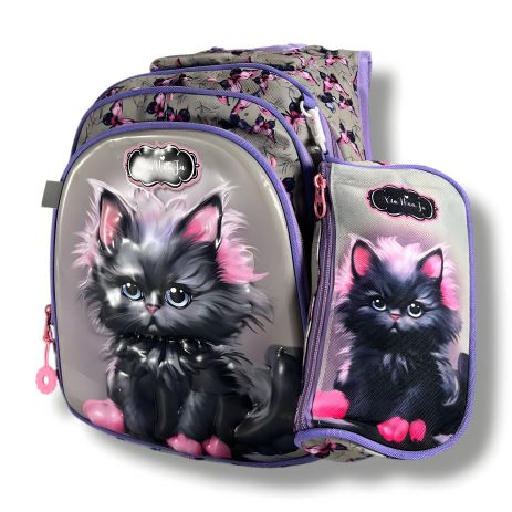 Каркасний шкільний рюкзак для дівчаток з принтом котика, пенал у комплекті, на 3 відділення, сірий