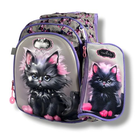 Каркасний шкільний рюкзак для дівчаток з принтом котика, пенал у комплекті, на 3 відділення, сірий