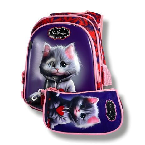Шкільний рюкзак для дівчаток з принтом котика, каркасний, пенал у комплекті, фіолетовий, 22 л