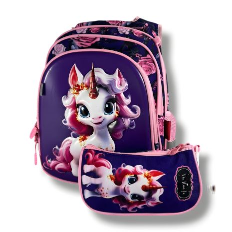 Шкільний рюкзак з принтом єдинорога для дівчаток, пенал у комплекті, фіолетовий, на 3 відділення