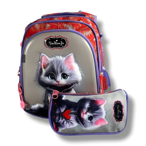 Каркасный школьный рюкзак с принтом котика и пеналом, серый, 22 л Каркасный школьный рюкзак с принтом котика и пеналом, серый, 22 л