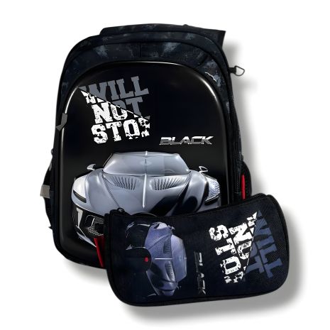 Місткий чорний шкільний рюкзак з принтом машини на 22 л з пеналом