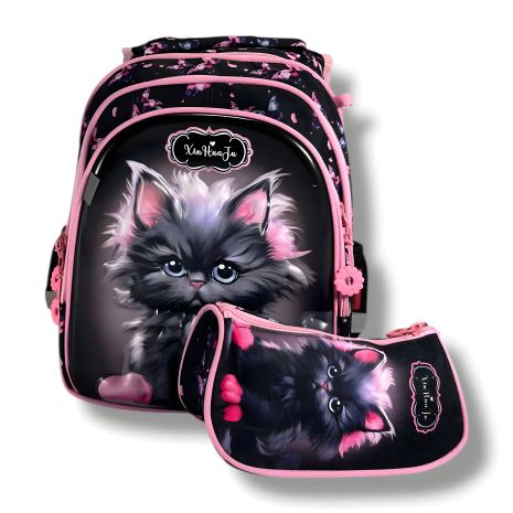 Каркасний шкільний рюкзак для дівчаток з принтом котика, пенал у комплекті, чорний, на 3 відділення