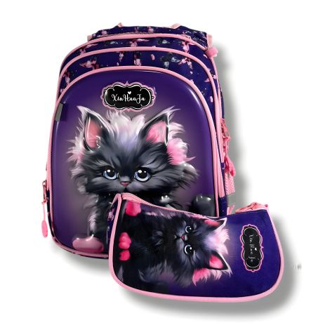 Каркасний рюкзак для дівчаток з принтом котика та пеналом