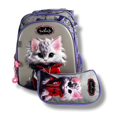 Школьный рюкзак для девочек 1-4 классов с принтом котика, пенал в комплекте, серый, вместительный и легкий