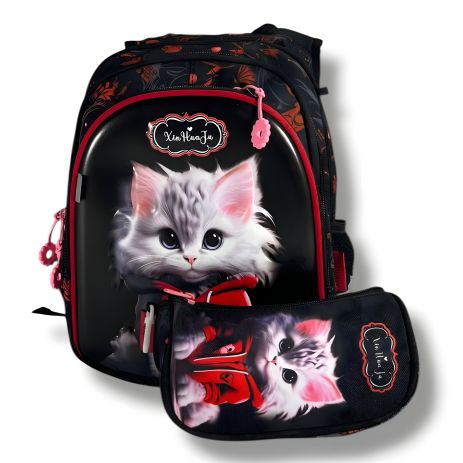 Рюкзак шкільний для дівчаток 1-4 класів з принтом котика, пенал у комплекті, чорний, місткий та легкий