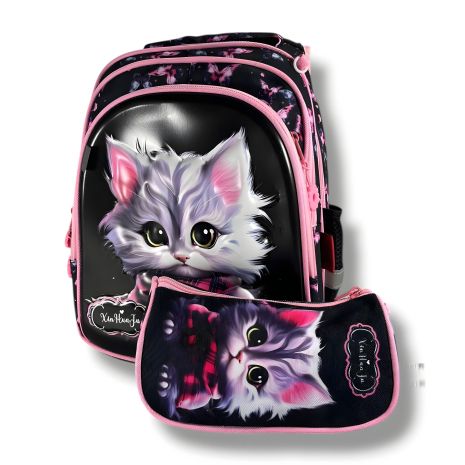Каркасный школьный рюкзак для девочек с принтом котика, чорный, с пеналом