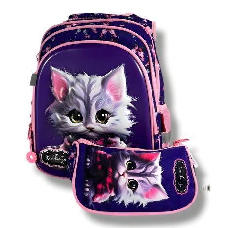Шкільний Каркасний рюкзак для дівчаток з принтом котика, фіолетовий, пенал у комплекті, місткий та легкий