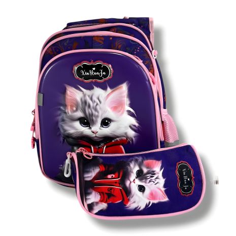 Легкий і місткий рюкзак для дівчаток 1-4 класів з котиком, фіолетовий