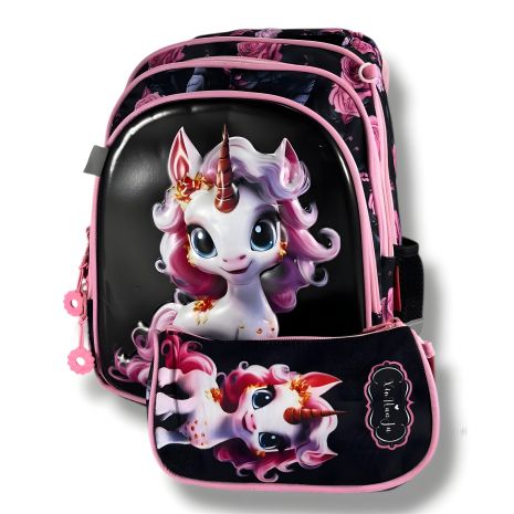 Шкільний рюкзак для дівчаток з єдинорогом, пенал в комплекті, чорний, на 3 відділення