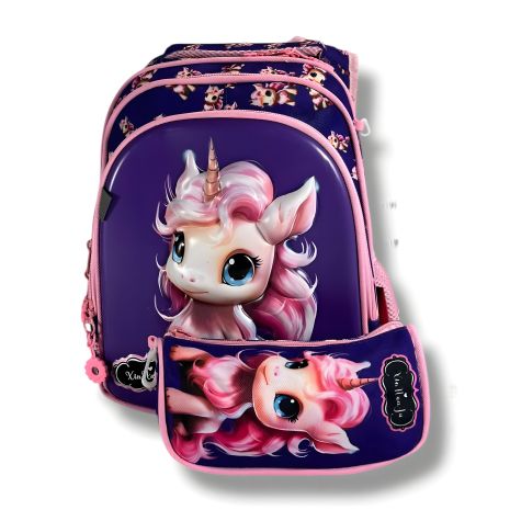 Шкільний рюкзак для дівчаток з принтом єдинорога, фіолетовий, з пеналом