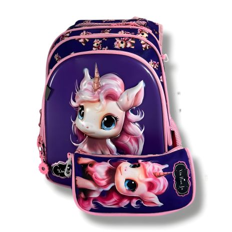 Шкільний рюкзак для дівчаток з принтом єдинорога, фіолетовий, з пеналом