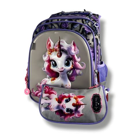 Шкільний рюкзак для дівчаток, з принтом єдинорога, сірий, пенал у комплекті, на 3 відділення