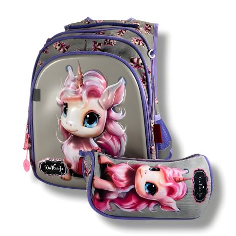 Рюкзак для дівчаток з принтом єдинорога, місткий та легкий, сірий, пенал у комплекті
