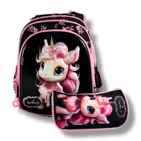 Черный школьный рюкзак для девочек с принтом единорога и пеналом в комплекте, вместительный и легкий Черный школьный рюкзак для девочек с принтом единорога и пеналом в комплекте, вместительный и легкий