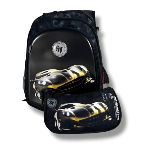Чорний водонепроникний шкільний рюкзак з принтом "Машинка", 22 л, пенал у комплекті