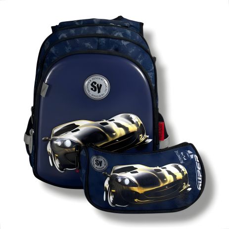 Синій шкільний рюкзак з принтом "Машинка", 22 л, водонепроникний, пенал у комплекті