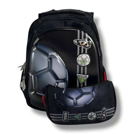 Шкільний рюкзак чорний з принтом М'ячик, 22 л, водонепроникний, пенал у комплекті