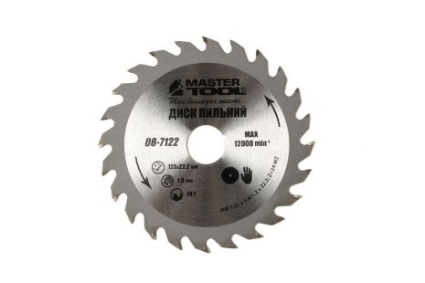 Диск пильный для дерева с твердосплавными напайками 125х22.2х24Т MASTERTOOL 08-7122