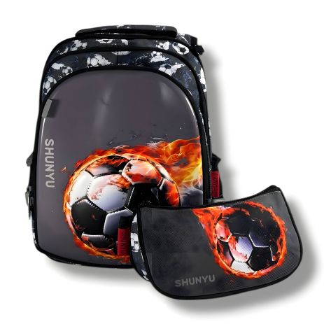 Шкільний рюкзак сірого кольору для хлопчиків з принтом М'ячик, водонепроникний, з пеналом у комплекті