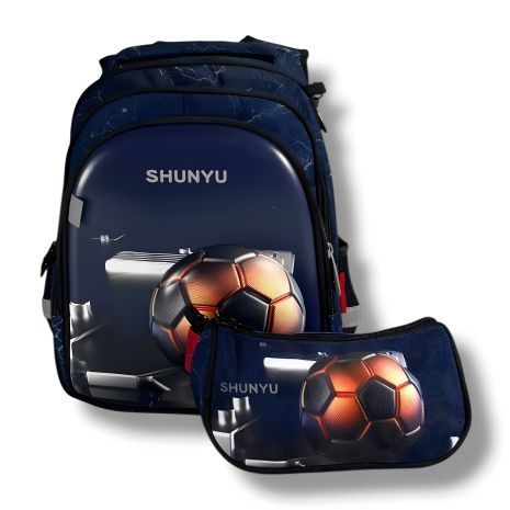 Синій шкільний рюкзак з принтом М'ячик, водонепроникний, пенал у комплекті, на 3 відділення