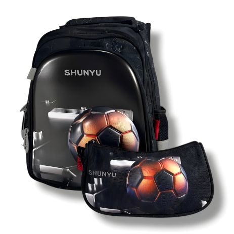 Водонепроникний шкільний рюкзак з принтом "М'ячик", пенал у комплекті, на 3 відділення, чорний