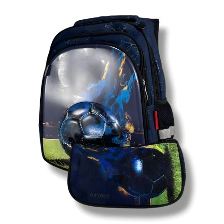 Синій водонепроникний шкільний рюкзак з принтом м'ячика, з пеналом, на 3 відділення