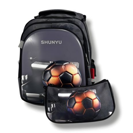 Сірий шкільний рюкзак з принтом М'ячик, водонепроникний, пенал у комплекті, на 3 відділення