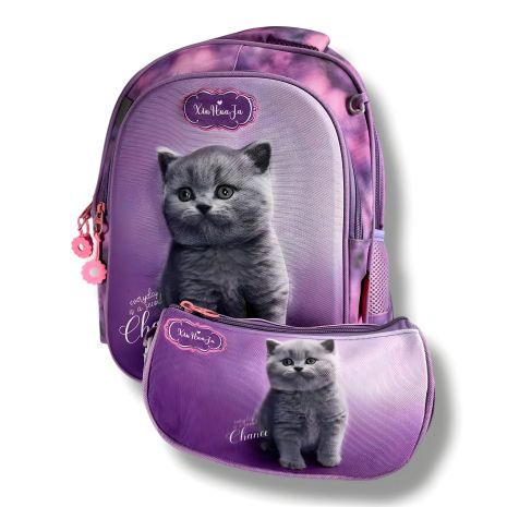 Школьный рюкзак для девочек 6-9 лет, фиолетовый с принтом Котик