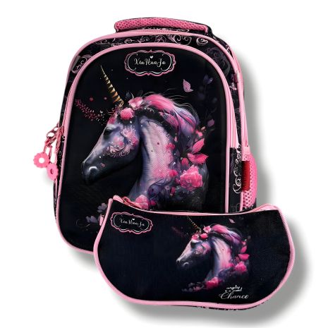 Рюкзак шкільний для дівчаток 6-9 років, чорний, місткий та легкий, принт Єдиноріг, 20 л
