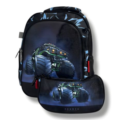 Шкільний рюкзак для хлопчиків, водонепроникний, з принтом Монстр-трак, чорний, пенал у комплекті