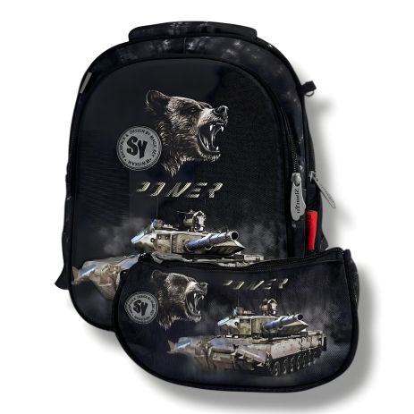 Чорний шкільний рюкзак для хлопчиків з принтом Танк (водонепроникний), пенал у комплекті