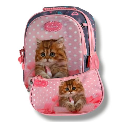 Сірий шкільний рюкзак для дівчаток 6-9 років, місткий і легкий, принт Котик, 20 л