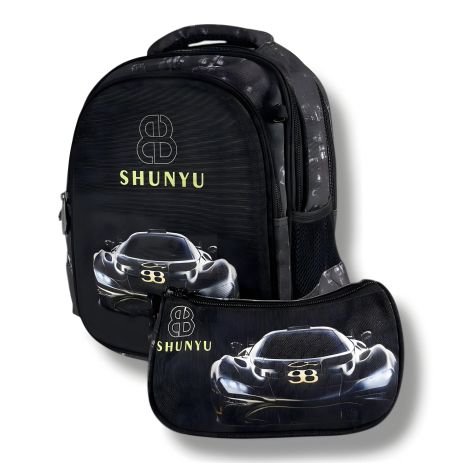 Водонепроникний рюкзак шкільний чорний для хлопчиків з принтом, пенал у комплекті (Машина)