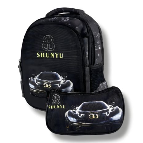 Водонепроницаемый чёрный школьный рюкзак для мальчиков с машинным принтом и пеналом