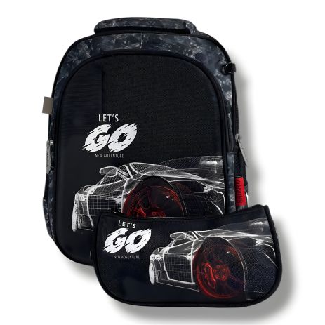 Шкільний рюкзак для хлопчиків чорний з принтом "Спорткар", водонепроникний, пенал у комплекті