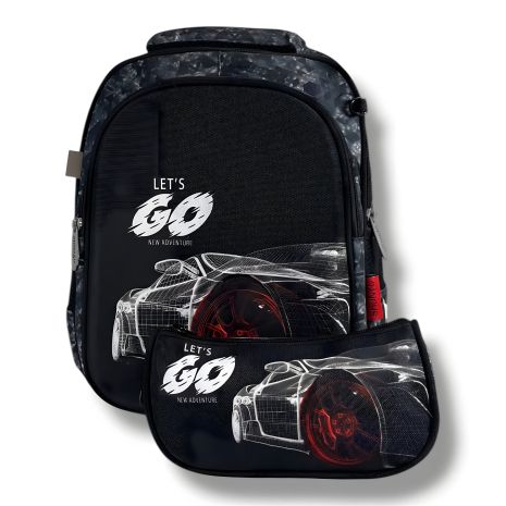 Шкільний рюкзак для хлопчиків чорний з принтом "Спорткар", водонепроникний, пенал у комплекті