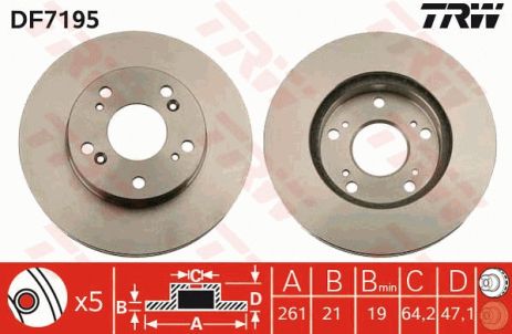 Диск гальмівний HONDA (DONGFENG), NISSAN BLUEBIRD, ACURA RSX, TRW (DF7195)