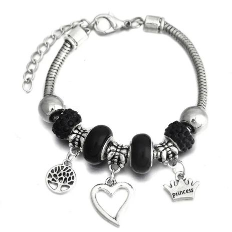 Женский браслет в стиле пандора Pandora черные камни с короной дерево сердце