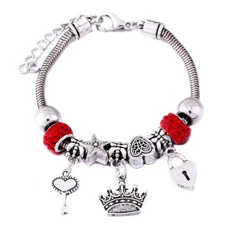 Браслет Пандора Pandora красные камни с короной ключик сердце регулируемый