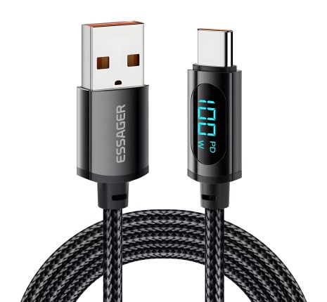 Кабель Essager USB - Type C з дисплеєм, 7A, 100W, 2m (200cm) Black Кабель Essager USB - Type C з дисплеєм, 7A, 100W, 2m (200cm) Black