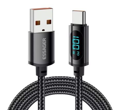 Кабель Essager USB - Type C з дисплеєм, 7A, 100W, 2m (200cm) Black