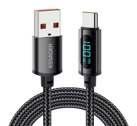 Кабель Essager USB - Type C з дисплеєм, 7A, 100W, 2m (200cm) Black