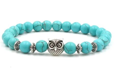 Стильный браслет из шунгита с подвеской Сова OWL голубого цвета оберег вулканического камня
