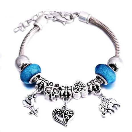 Шикарный женский браслет Пандора Pandora в голубом с подвеской сердце слон цветок