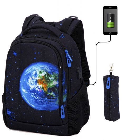 Школьный рюкзак для подростков с USB-слотом, 2 отделения, черный