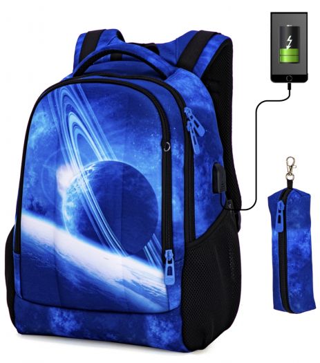 Школьный рюкзак для подростков с USB-слотом, 2 отделения, синий, пенал в комплекте Школьный рюкзак для подростков с USB-слотом, 2 отделения, синий, пенал в комплекте