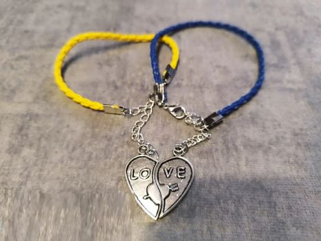 Парные браслеты для влюбленных две половинки сердца желто-синие Украина Love